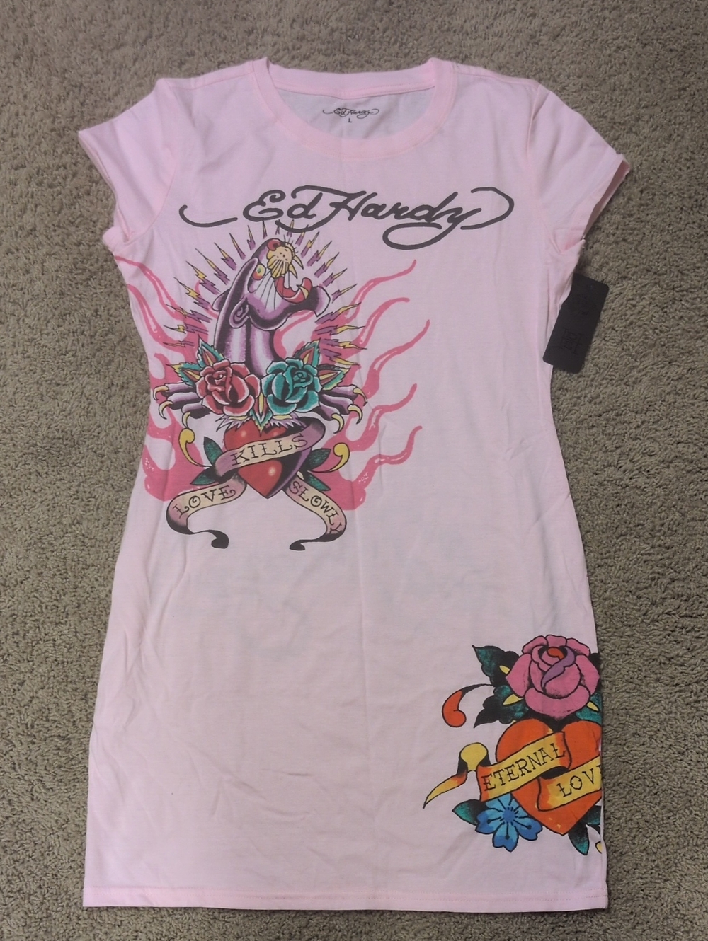 Ed Hardy Light Pink Tattoo Graphic Tee Dress with Rose and Heart Motifs